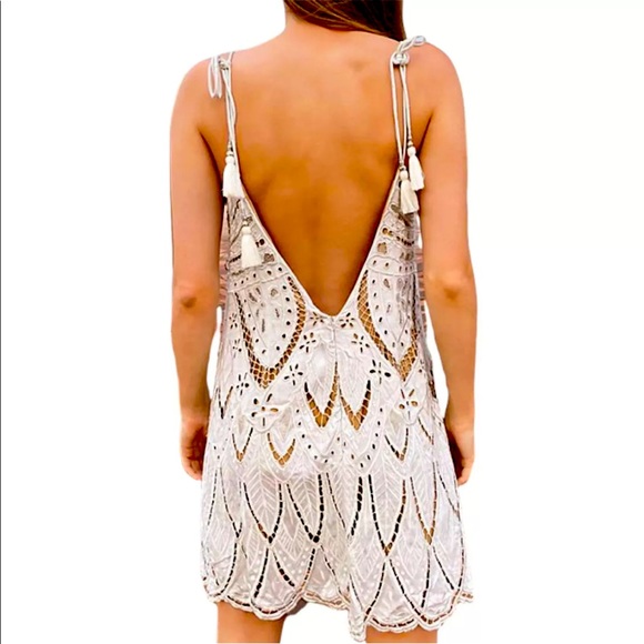 Free People Pyt Sm Ivory Cutwork Tassel Tie V-Neck Scalloped Mini Dress - Picture 7 of 9